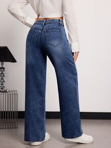 SHEIN Tall 女款水鑽裝飾口袋寬腿寬鬆休閒牛仔褲 - 深色水洗藍 - 查看 2
