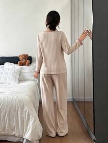 Napfluff Women's Casual Ribbed Knit Front Tie Bow Embroidered Loungewear Pajama Set - Apricot - View 2