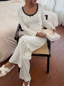 Napfluff Women's 2-Piece Pajama Set With Lace Trim, Bow Decor, Simple Heart Print - Beige - View 5