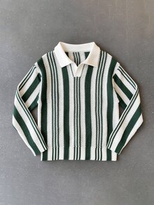 Manfinity Hypemode 男士條紋圖案長袖 Polo 領時尚休閒毛衣，度假秋季 Y2K 哥德風海灘綠色與白色 - 綠色 - 查看 1