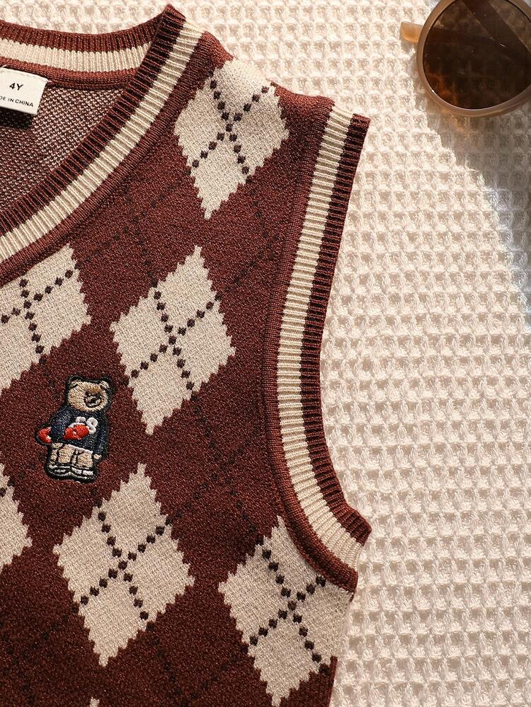 SHEIN Young Boy Rhombus Pattern Casual Daily Knit Vest - Brown - View 6