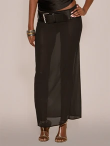 MUSERA Thick Belted Waist Sheer Maxi Coloumn Skirt Sexy Evening Night Going Out Fall Winter Autumn Solitude - Black - View 3