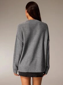 Athîral Women's Solid Color V-Neck Long Sleeve Loose Fit Fashion Versatile Sweater - Grey - View 4