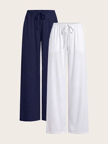SHEIN EZwear 女款雙色針織寬腿長褲 - 彩色 - 查看 1