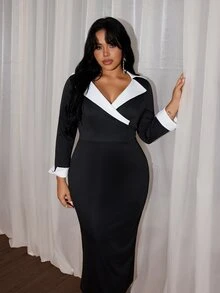 Rustia Vestido de talla grande con ribete de contraste y espalda dividida - Negro - Ver 5