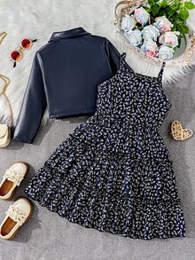 SHEIN 女童 2 件組家庭套裝，時尚深藍色 PU 皮革缺口領西裝外套與 Dit - 藍色 - 查看 2