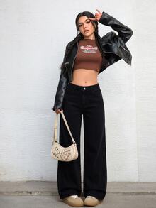Jeanoix 女款鈕扣半開襟雙口袋休閒寬鬆寬腿牛仔長褲 - 黑色 - 查看 3