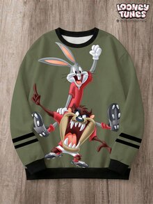 LOONEY TUNES X SHEIN Daypath 男士秋冬圓領長袖卡通角色印花拼接撞色運動衫 - 橄欖綠 - 查看 3