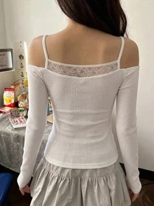 DAZY Women's White Lace Patchwork Cold Shoulder Ribbed Knit Fitted Long Sleeve Camisole Undershirt T-Shirt - White - View 2