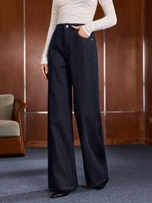 Anewsta Women's Casual Versatile Deep Blue Straight Leg Denim Jeans With Pockets - Blue - View 3
