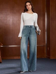 Anewsta Women's Wide Leg Loose Casual Denim Jeans With Pockets And Rhinestone Star Pattern - Blue - View 6