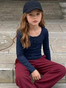 Hapijoa Tween女孩黑色修身長袖半鈕扣前襟內搭圓領T恤，秋季 - 藏蓝色 - 查看 3