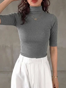 DAZY Women's Solid Color High Neck Casual Daily Wear T-Shirt - Grey - View 5