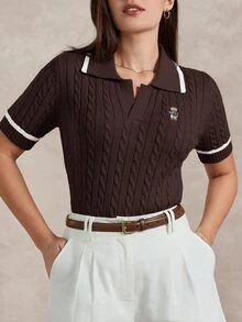 Briarwyn Women's Cartoon Bear Pattern Collared Short Sleeve Knit Top - Brown - View 3