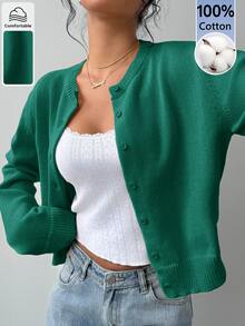 SHEIN BASICS 女款純色圓領單排扣休閒日常百搭長袖開襟衫 - 墨綠色 - 查看 6