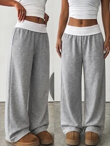 SHEIN 青少年女孩休閒百搭對比腰帶寬腿運動長褲 冬季 - 灰色 - 查看 3
