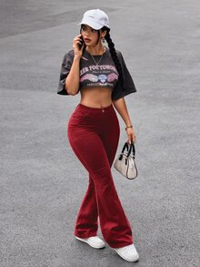 SHEIN PETITE 女款優雅街頭風鈕扣口袋喇叭牛仔褲 - 酒紅色 - 查看 5