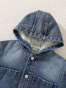SHEIN Young Boy Autumn/Winter New Casual Minimalist Fashion Washed Denim Woven Solid Color Hooded Jacket - Blue - View 5