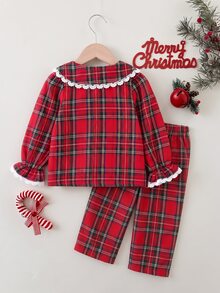 SHEIN Infant Girls Cute Red Plaid Peter Pan Collar Pajama Set With Elastic Waist Long Pants Loungewear - Red - View 2