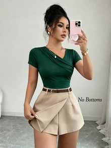 SHEIN Raffinéa 女款時尚短袖領口疊層休閒通勤T恤 - 墨綠色 - 查看 3