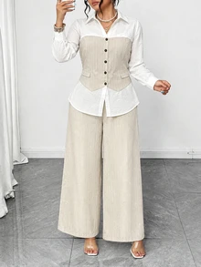 SHEIN Elenzya Plus Size Women's Single-Breasted Long Sleeve Patchwork Waist-Cinching Blouse And Solid Color Pants 2 Pieces Set - White - View 3