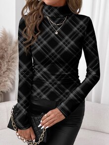 SHEIN Clasi Casual Minimalist Grey Plaid Print Pattern Plus Size Women's High Neck Base Layer T-Shirt, Halloween, Christmas - Multicolor - View 4