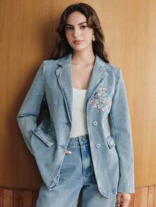 Anewsta Women's New Fashion Heavy Embroidery Luxurious Casual Comfortable Blue Jeans Jacket - Blue - View 4