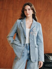 Anewsta Women's New Fashion Heavy Embroidery Luxurious Casual Comfortable Blue Jeans Jacket - Blue - View 3