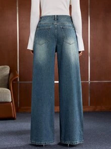 Anewsta Women's Wide Leg Loose Casual Denim Jeans With Pockets And Rhinestone Star Pattern - Blue - View 2