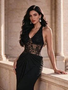 Coutiva Women's Lace Ruched Waist Halter Neck Formal Evening Gown Dress - Black - View 4