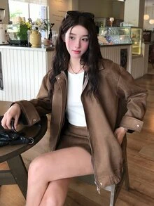 DAZY Women's Solid Color Lapel Casual Jacket And Skirt 2 Pieces Set, Korean Style Spring/Summer - Coffee Brown - View 9
