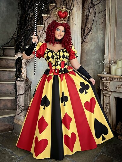 Lyrianda Gaun Cosplay Ratu Badut Vintage Abad Pertengahan Elegan Ukuran Plus, Leher Bentuk Hati dengan Ikat Pinggang, Gaun Putri Ekstra Panjang Bervolume Garis A, Lengan Pendek Mengembang, Warna Kontras Hitam dan Merah, Gaun Wanita Ukuran Plus untuk Semua Musim Halloween