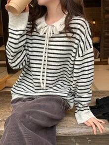 DAZY Women's Collared Striped Long Sleeve Casual Sweater, Autumn/Winter, Style - Black and White - View 4