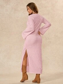 Boho Mama Maternity Solid Color Front Tie V-Neck Bell Sleeve Casual Dress Fall - Baby Pink - View 5