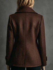 SHEIN Women's Navy Blue Double-Breasted Knit Dragon & Phoenix Wool Coat, French Style Commuter Lapel Slimming Jacket - Brown - View 2