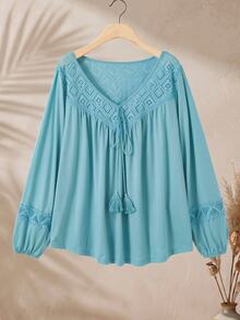 Rusticease Women's Plus Size Vacation Casual Boho Lace Hollow Patchwork Long Sleeve T-Shirt High Tea Vacation Light Blue Fall Beach Going Out - Blue - View 4