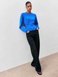 ATUI Studio Minimalist Versatile Round Neck Dropped Shoulder Long Sleeve Waist Horizontal Ribbed Cinched Loose Fit Casual Women's Sweater - Blue - View 2