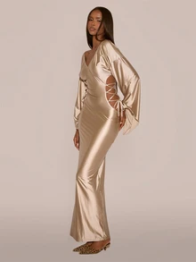 MUSERA Off The Shoulder Fitted Waist Cutout Detail Maxi Length Dress Sexy Evening Night Going Out Fall Winter Autumn Solitude - Khaki - View 2