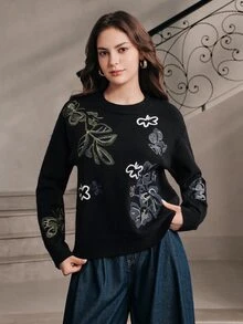 Anewsta Women's Autumn/Winter Round Neck Knitted Sweater With Jacquard Design, Premium Feel Pullover - Black - View 4