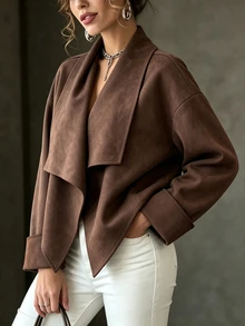 Airaco Plus Size Women's Casual Large Collar Design Brown Autumn/Winter Suede Long Sleeve Jacket - Brown - View 4