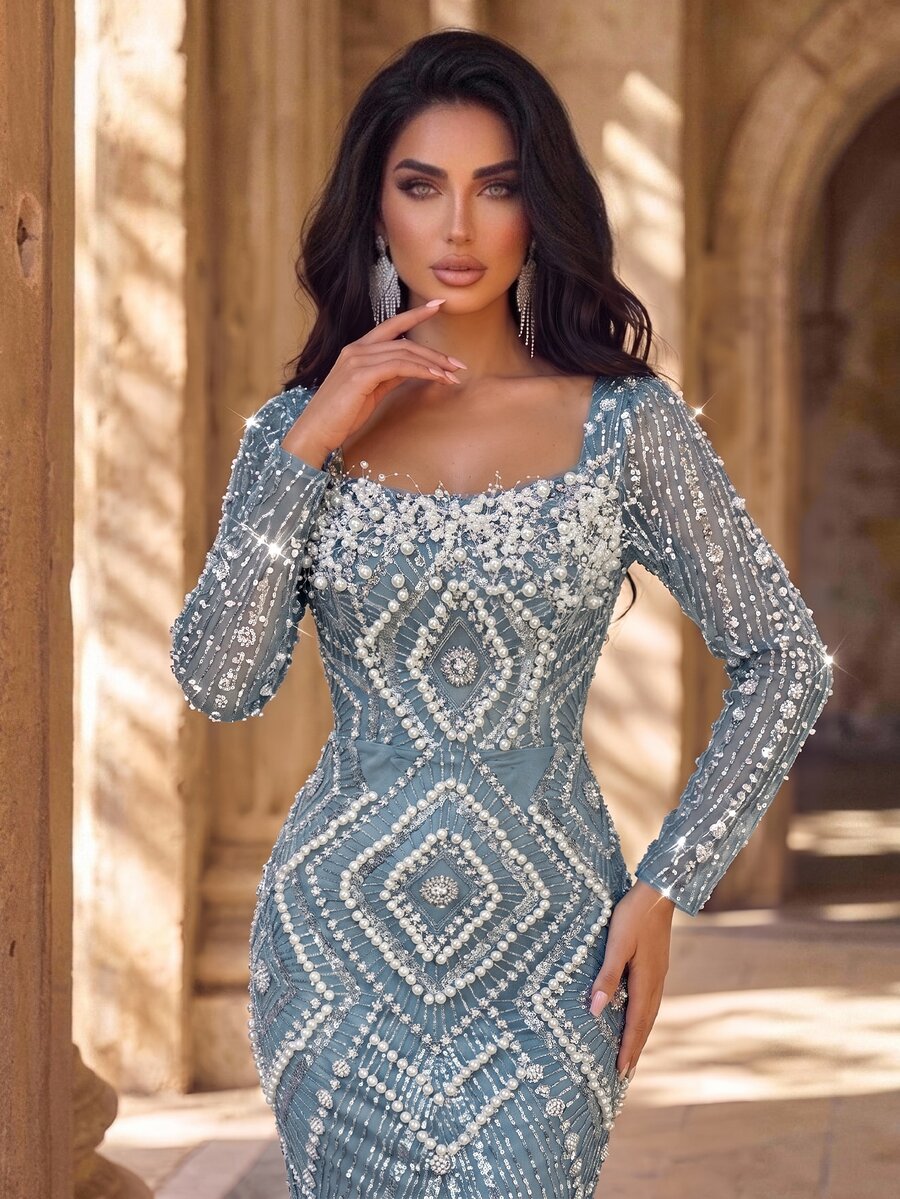 Glamrae Elegant Luxurious Beaded Diamond Sequin Embroidered Lace Sheer ...