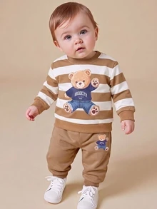 SHEIN Playful Pals 2pcs Baby Boy Sweatshirt + Pants Set Cute Brown Tan Striped Bear Print Ribbed Long Sleeve Round Neck Regular Outdoor Party Fall Halloween Holiday Top - Khaki - View 1
