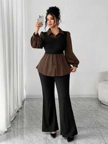 Elenzga Plus Size Casual Versatile Commute Patchwork Striped 2 In 1 Shirt And Versatile Minimalist Flared Long Pants Two Pieces Set - Brown - View 6