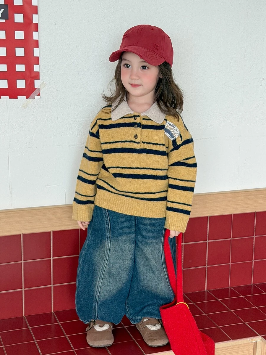 DAZY Sweater Lengan Panjang Kasual Harian Motif Garis-Garis untuk Bayi Perempuan - Kuning - View 1