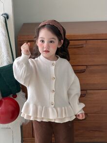 DAZY Infant/Toddler (Girl) Ruffle Trim Casual Korean Style Solid Color Autumn/Winter Long Sleeve Cardigan - Apricot - View 7