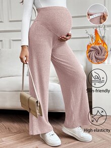 SHEIN 孕婦純色可調腰圍休閒日常長褲 - 藕粉色 - 查看 1