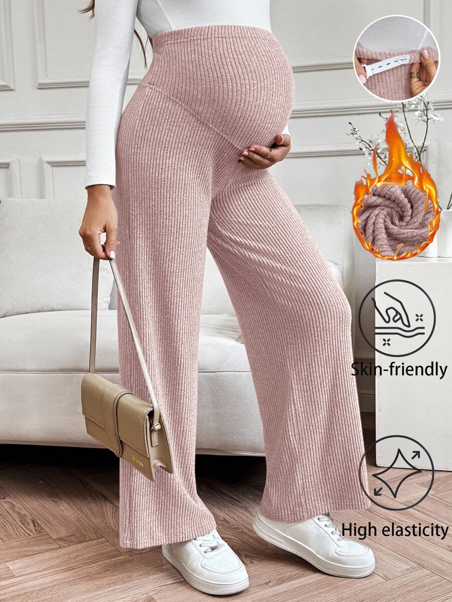 SHEIN 孕婦純色可調腰圍休閒日常長褲 - 藕粉色 - 查看 1
