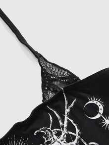 ROMWE Goth 大尺碼女款骷髏印花修身掛脖洋裝 - 黑色 - 查看 4