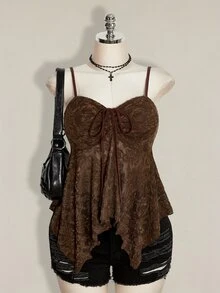 SHEIN ICON Plus Size Drawstring Bow Tie Cami Tank Top, Asymmetrical Hem, Y2K Style, Suitable For Summer, Graduation Season, Back To School - Brown - View 1