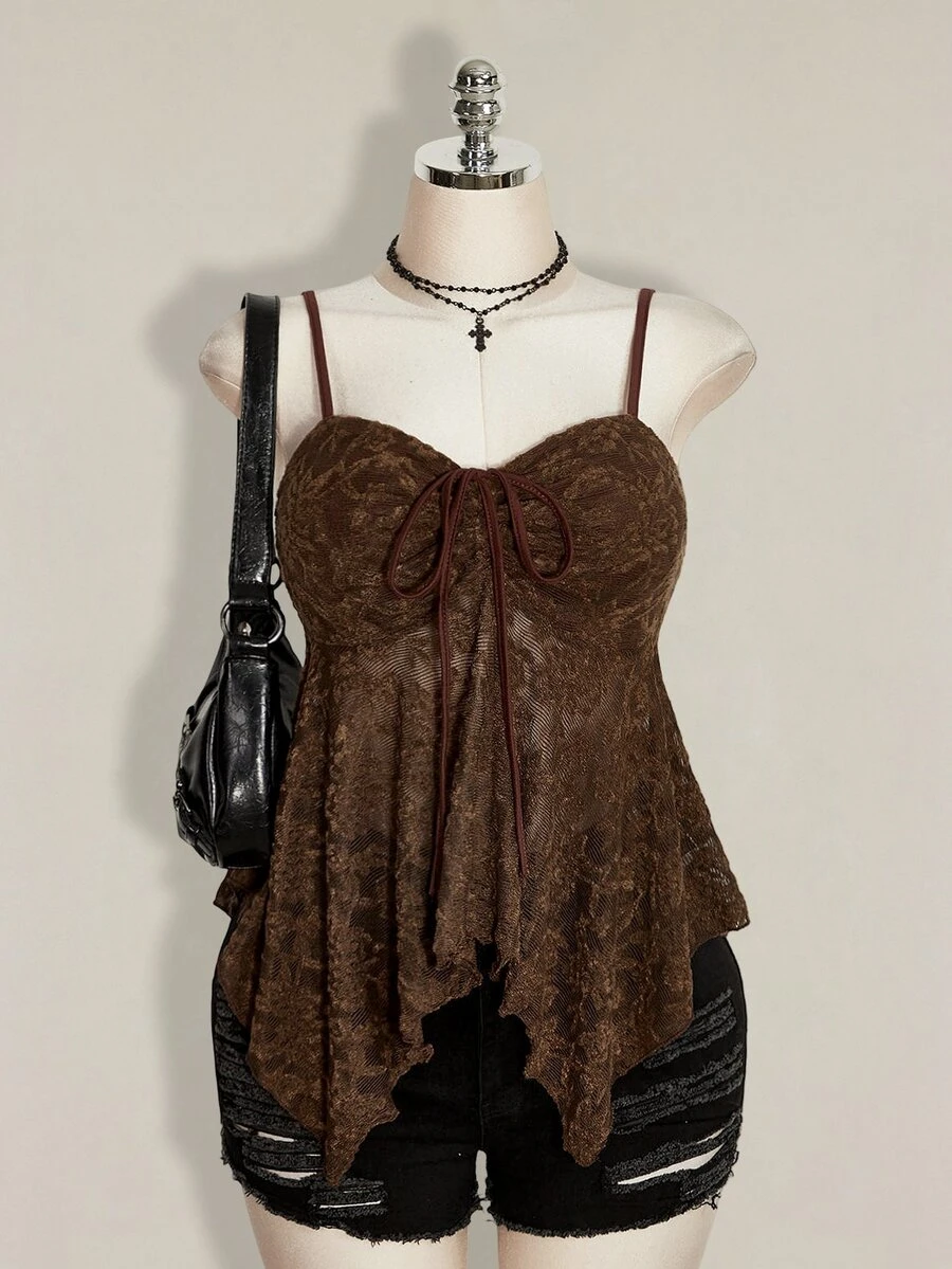 SHEIN ICON Plus Size Drawstring Bow Tie Cami Tank Top, Asymmetrical Hem, Y2K Style, Suitable For Summer, Graduation Season, Back To School - Brown - View 1